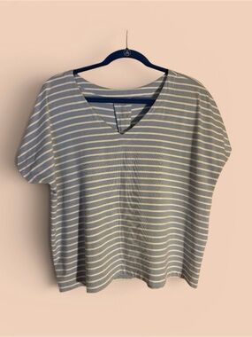 J. Jill Light Blue & White Stripe Supima Cotton Pleat Back V Neck Tee Sz L
